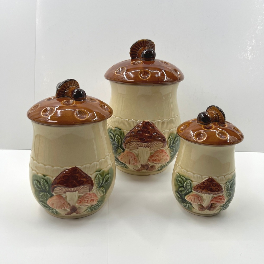 VTG 70s Empress of Haruta Ceramic Mushroom Canister Set 3 Piece Made in Japan
